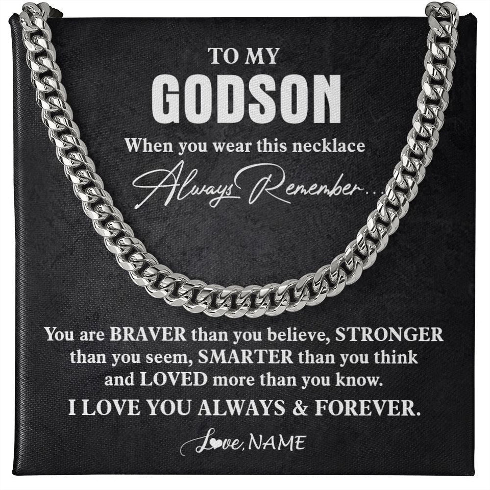 Personalized To My Godson Necklace Cuban From Godmother Uncle Aunt You Are Braver Stronger Godson Birthday Christmas Customized Gift Box Message Card