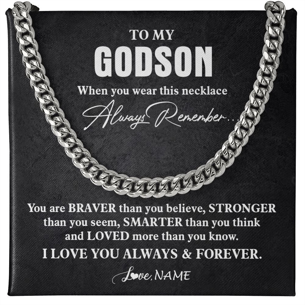 Personalized To My Godson Necklace Cuban From Godmother Uncle Aunt You Are Braver Stronger Godson Birthday Christmas Customized Gift Box Message Card