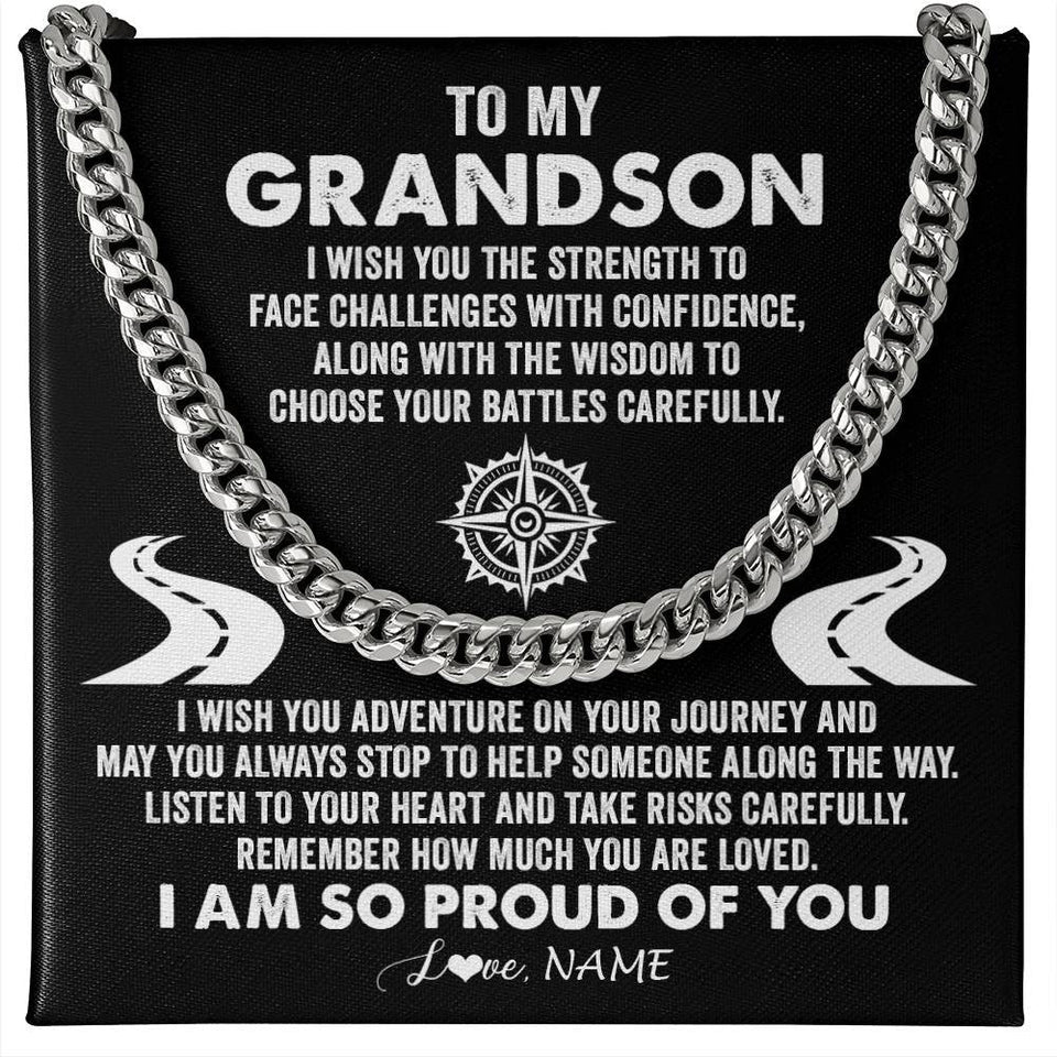 Personalized To My Grandson Cuban Necklace From Grandma I Wish You The Strength Grandson Birthday Graduation Inspirational Customized Gift Box Message Card