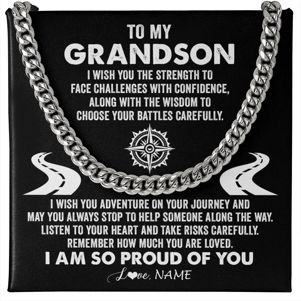 Personalized To My Grandson Cuban Necklace From Grandma I Wish You The Strength Grandson Birthday Graduation Inspirational Customized Gift Box Message Card