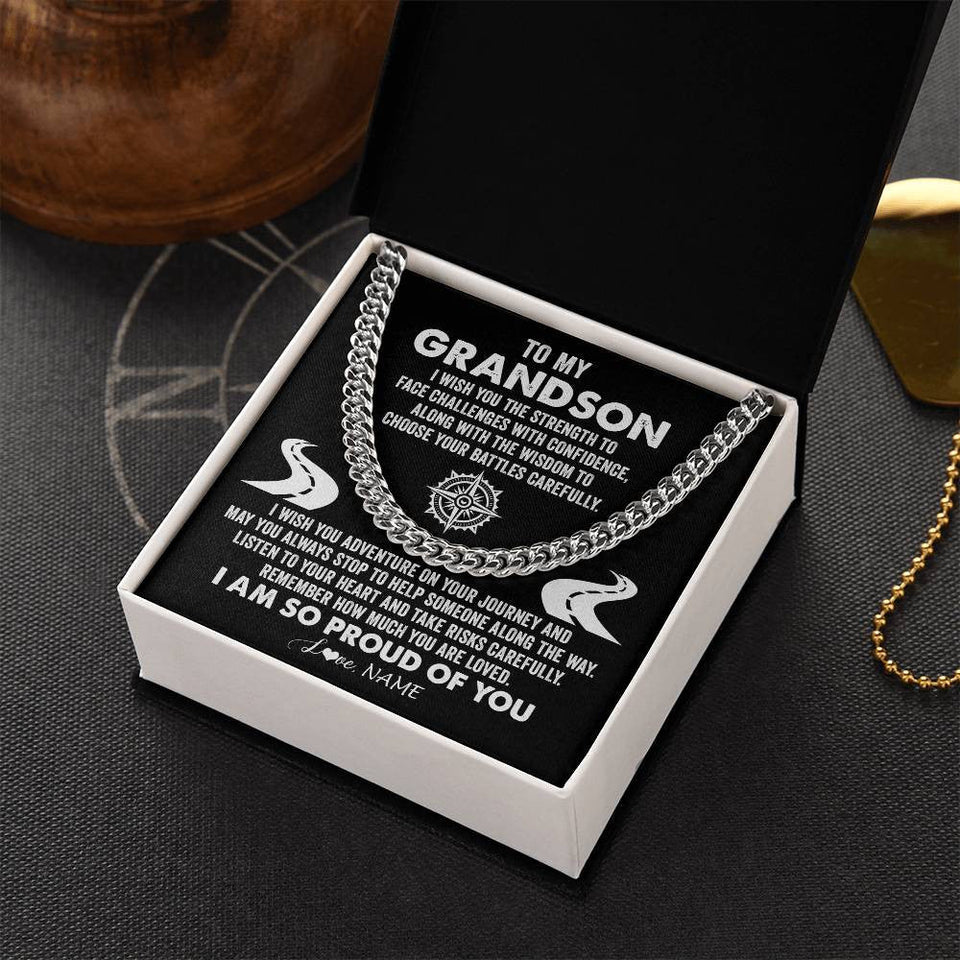 Personalized To My Grandson Cuban Necklace From Grandma I Wish You The Strength Grandson Birthday Graduation Inspirational Customized Gift Box Message Card