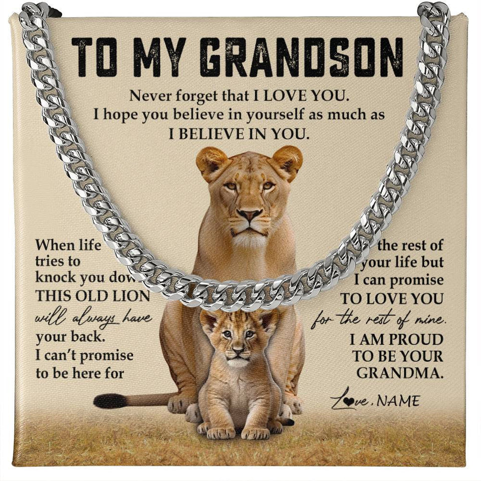 Personalized To My Grandson Cuban Necklace From Grandma Never Forget That I Love You Lion Grandson Birthday Christmas Customized Gift Box Message Card