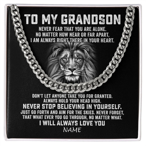 Personalized To My Grandson Cuban Necklace From Grandma Papa Never Fear That You Are Alone Lion Grandson Birthday Christmas Customized Gift Box Message Card