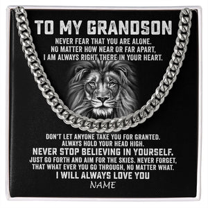 Personalized To My Grandson Cuban Necklace From Grandma Papa Never Fear That You Are Alone Lion Grandson Birthday Christmas Customized Gift Box Message Card