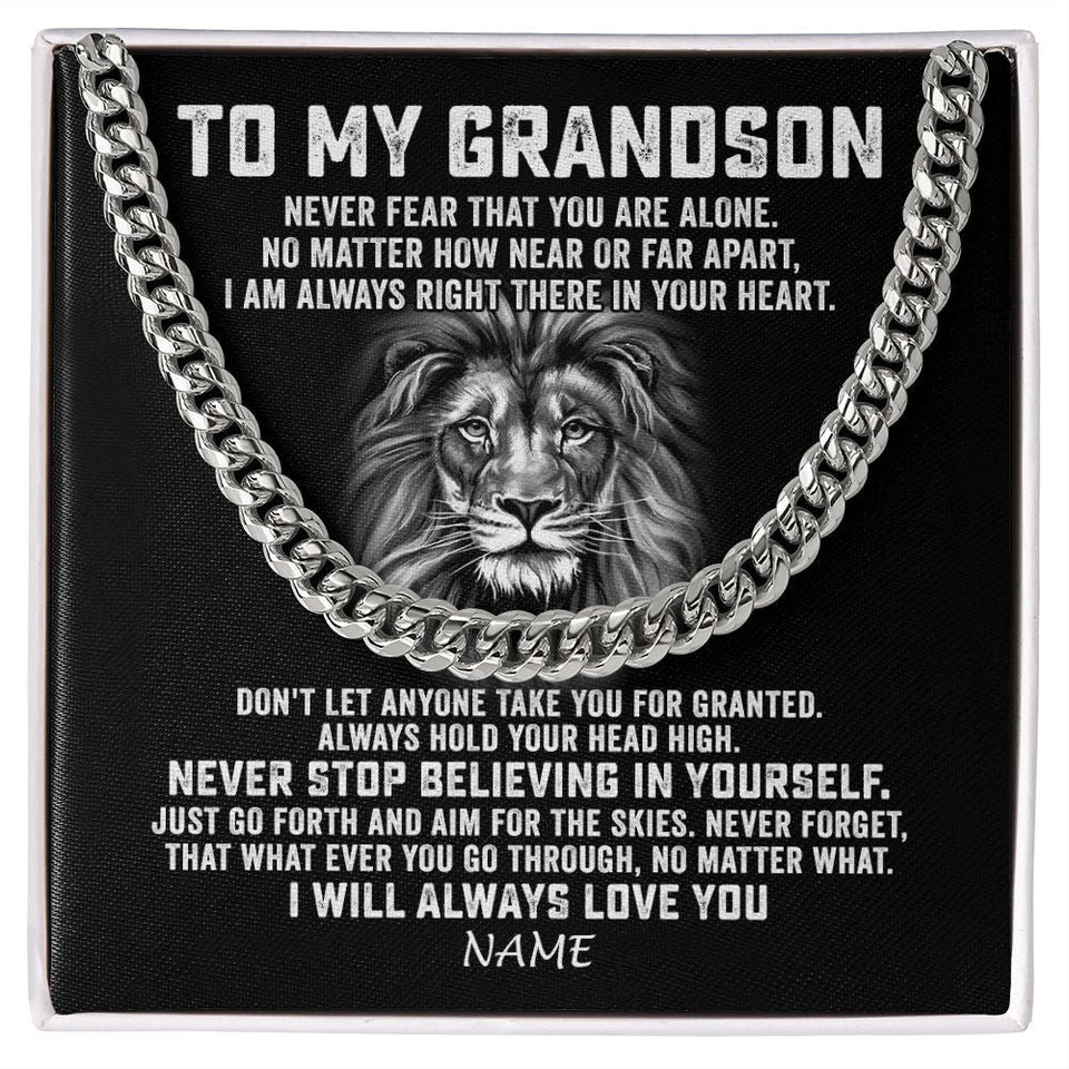 Personalized To My Grandson Cuban Necklace From Grandma Papa Never Fear That You Are Alone Lion Grandson Birthday Christmas Customized Gift Box Message Card