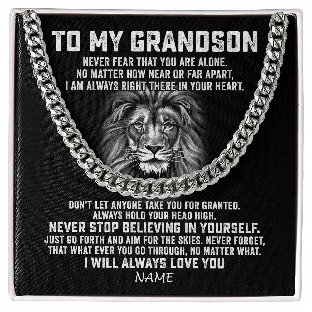 Personalized To My Grandson Cuban Necklace From Grandma Papa Never Fear That You Are Alone Lion Grandson Birthday Christmas Customized Gift Box Message Card