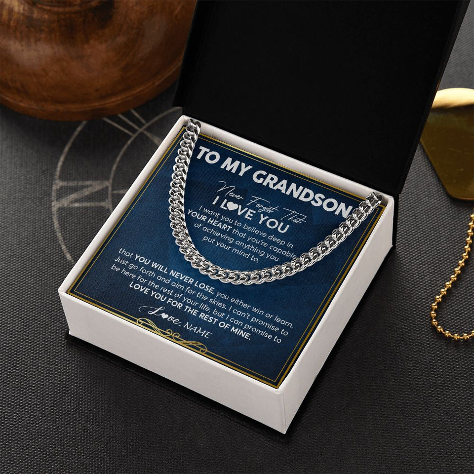 Personalized To My Grandson Cuban Necklace From Grandma Papa Never Forget That I Love You Grandson Birthday Christmas Customized Gift Box Message Card