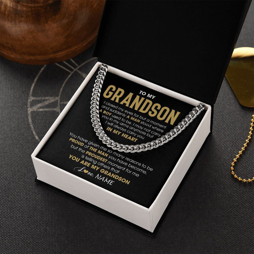 Personalized To My Grandson Cuban Necklace From Grandma Papa Proud Of The Man Grandson Birthday Graduation Christmas Customized Gift Box Message Card