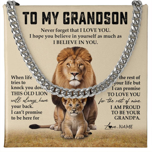 Personalized To My Grandson Cuban Necklace From Grandpa Never Forget That I Love You Lion Grandson Birthday Christmas Customized Gift Box Message Card
