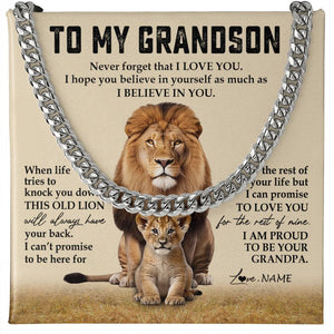 Personalized To My Grandson Cuban Necklace From Grandpa Never Forget That I Love You Lion Grandson Birthday Christmas Customized Gift Box Message Card