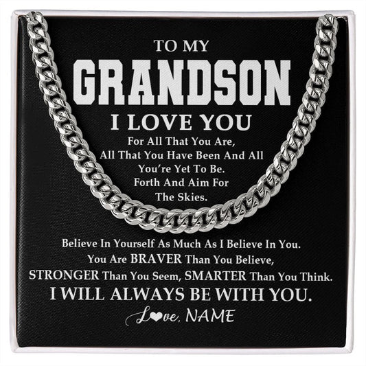 Personalized To My Grandson Necklace Cuban From Grandma Papa Believe In Yourself Grandson Birthday Graduation Christmas Customized Gift Box Message Card