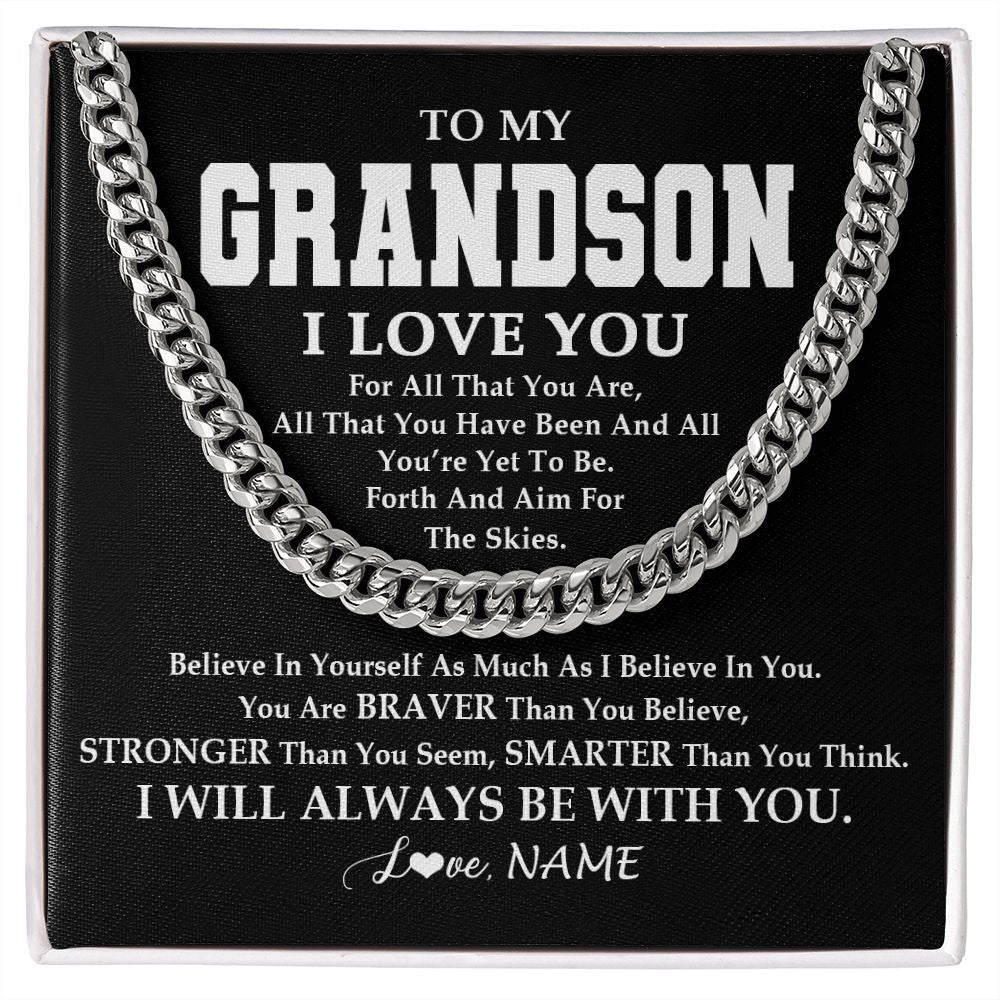 Personalized To My Grandson Necklace Cuban From Grandma Papa Believe In Yourself Grandson Birthday Graduation Christmas Customized Gift Box Message Card
