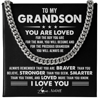 Personalized To My Grandson Necklace From Grandma Papa Cuban Chain You Are Loved Grandson Birthday Graduation Christmas Customized Gift Box Message Card
