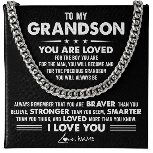 Personalized To My Grandson Necklace From Grandma Papa Cuban Chain You Are Loved Grandson Birthday Graduation Christmas Customized Gift Box Message Card