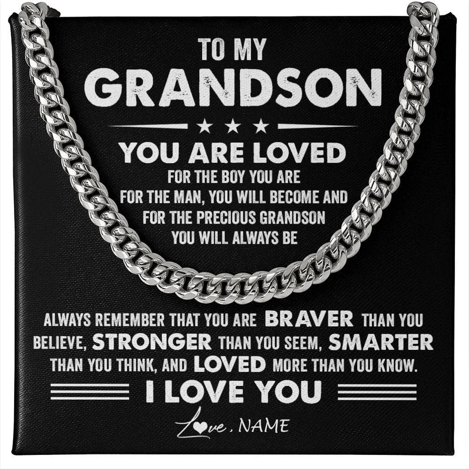 Personalized To My Grandson Necklace From Grandma Papa Cuban Chain You Are Loved Grandson Birthday Graduation Christmas Customized Gift Box Message Card
