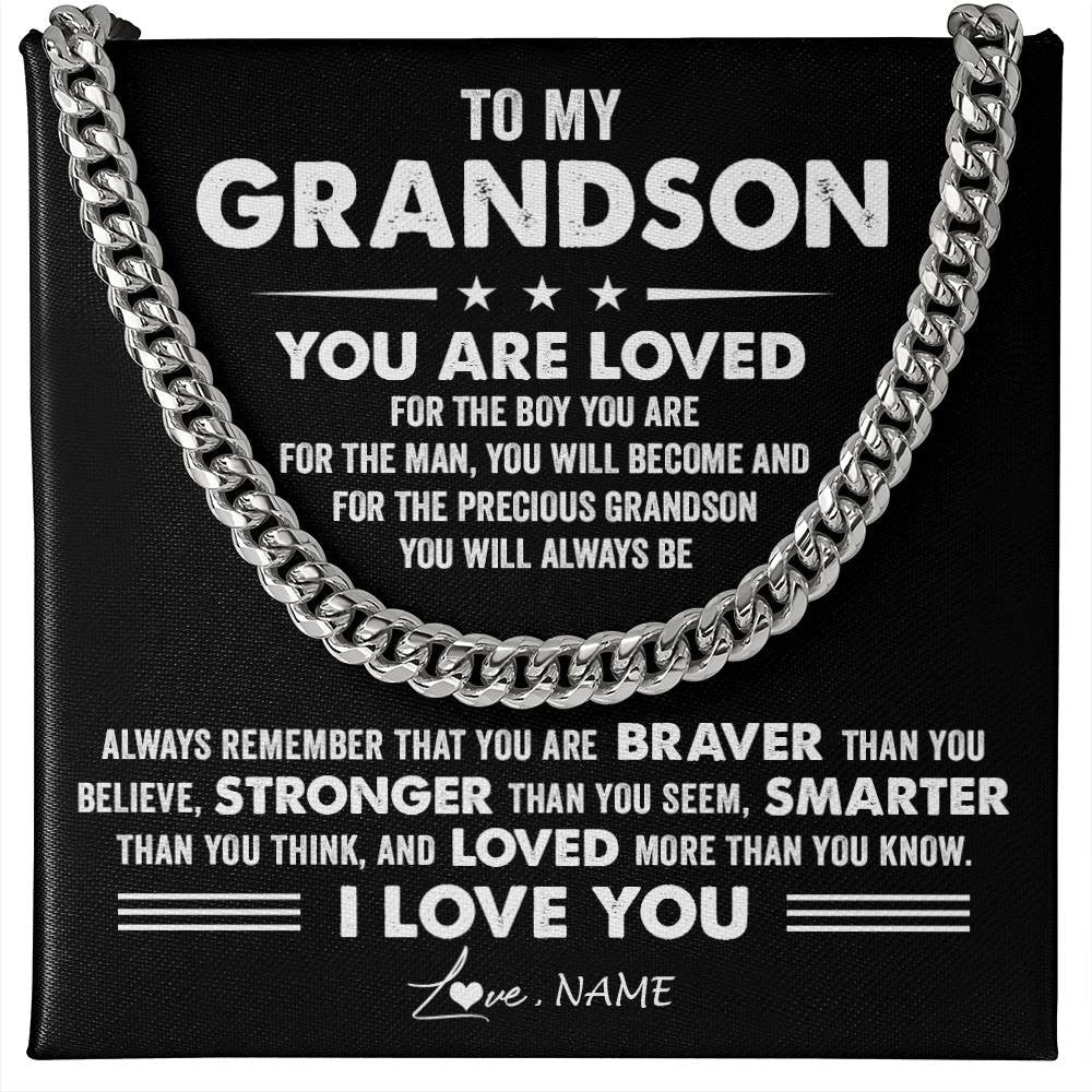Personalized To My Grandson Necklace From Grandma Papa Cuban Chain You Are Loved Grandson Birthday Graduation Christmas Customized Gift Box Message Card