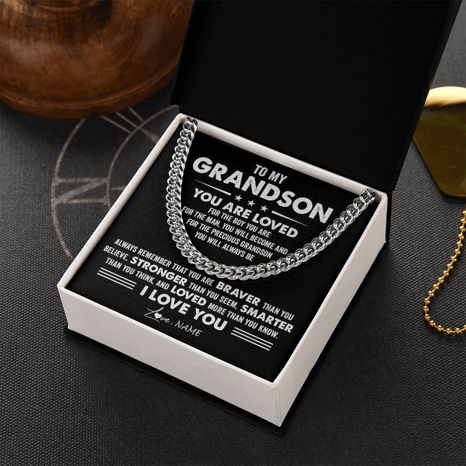 Personalized To My Grandson Necklace From Grandma Papa Cuban Chain You Are Loved Grandson Birthday Graduation Christmas Customized Gift Box Message Card