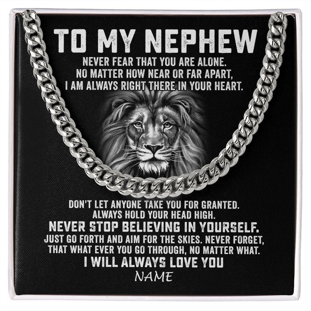 Personalized To My Nephew Cuban Necklace From Aunt Uncle Never Fear That You Are Alone Lion Nephew Birthday Christmas Customized Gift Box Message Card