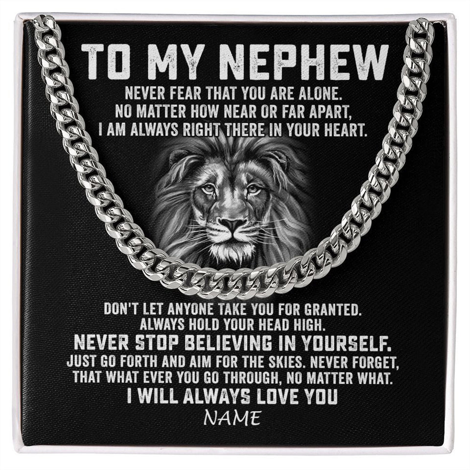 Personalized To My Nephew Cuban Necklace From Aunt Uncle Never Fear That You Are Alone Lion Nephew Birthday Christmas Customized Gift Box Message Card