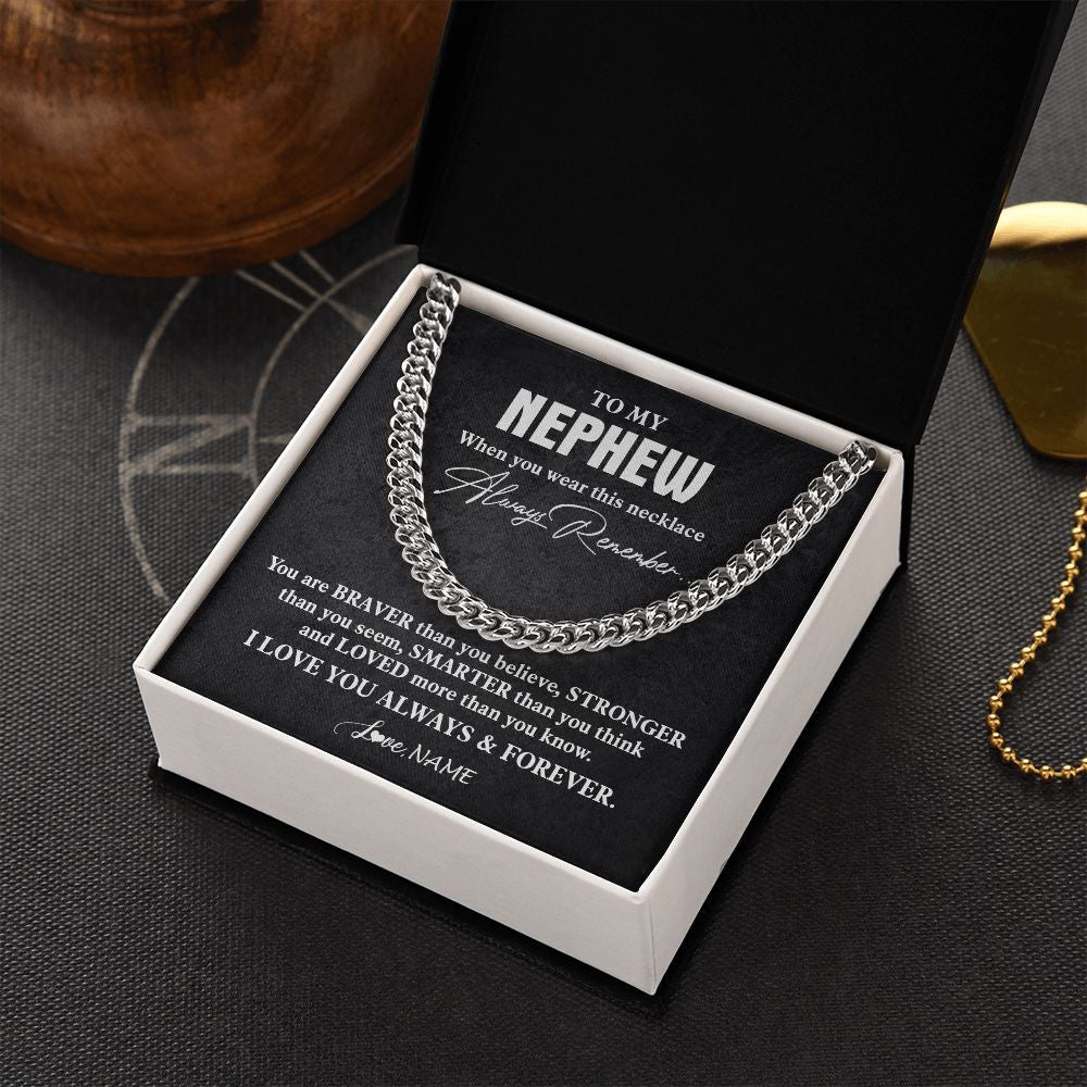 Personalized To My Nephew Necklace Cuban From Aunt Uncle You Are Braver Stronger Nephew Birthday Graduation Christmas Customized Gift Box Message Card