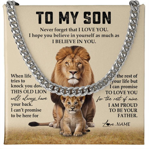Personalized To My Son Cuban Necklace From Dad Father Never Forget That I Love You Lion Son Birthday Graduation Christmas Customized Gift Box Message Card