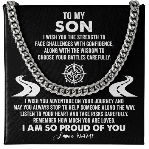 Personalized To My Son Cuban Necklace From Mom Dad Father I Wish You The Strength Son Birthday Graduation Inspirational Customized Gift Box Message Card