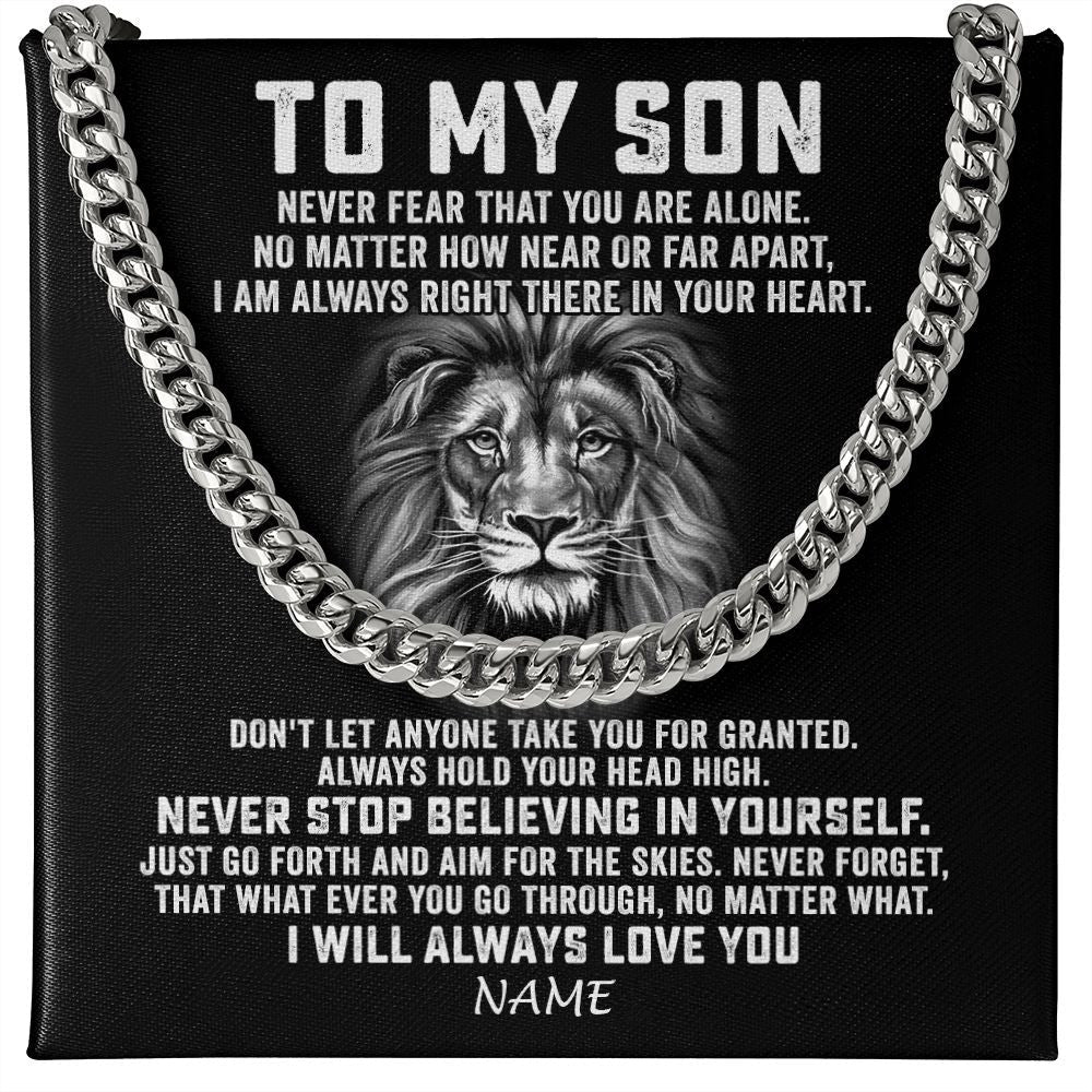 Personalized To My Son Cuban Necklace From Mom Dad Mother Father Never Fear That You Are Alone Lion Son Birthday Christmas Customized Gift Box Message Card