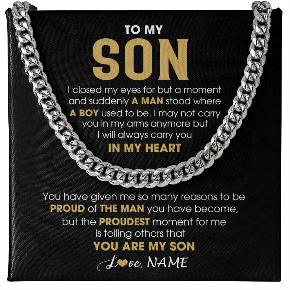 Personalized To My Son Cuban Necklace From Mom Dad Mother Father Proud Of The Man Son Birthday Graduation Christmas Customized Gift Box Message Card