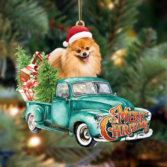 Pomeranian-Green Truck Hanging Ornament