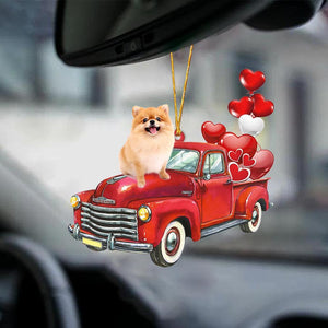 Pomeranian-Red Sports Car-Two Sided Ornament