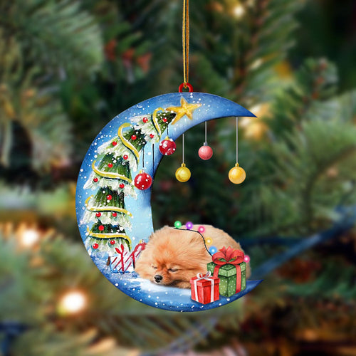 Ornament- Pomeranian-Sleep On The Moon Christmas Two Sided Ornament, Happy Christmas Ornament, Car Ornament