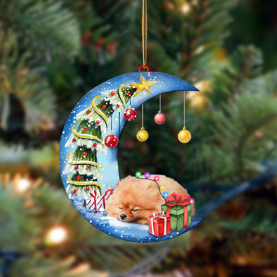Ornament- Pomeranian-Sleep On The Moon Christmas Two Sided Ornament, Happy Christmas Ornament, Car Ornament