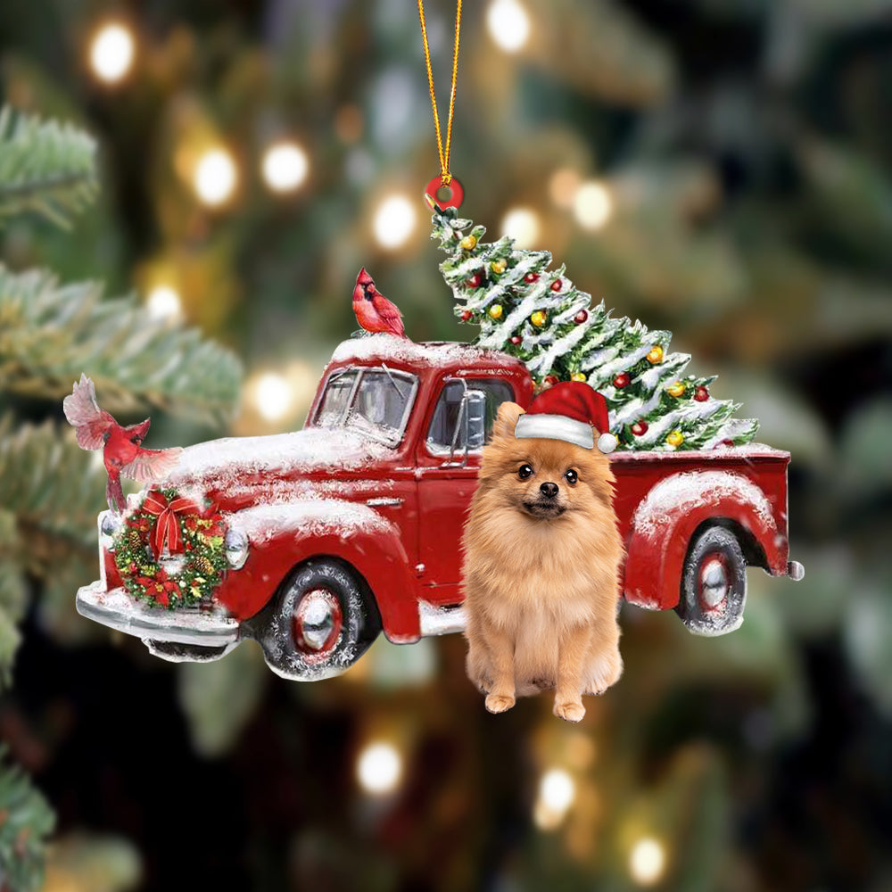Godmerch- Ornament- Pomeranian 2-Cardinal & Truck Two Sided Ornament, Happy Christmas Ornament, Car Ornament