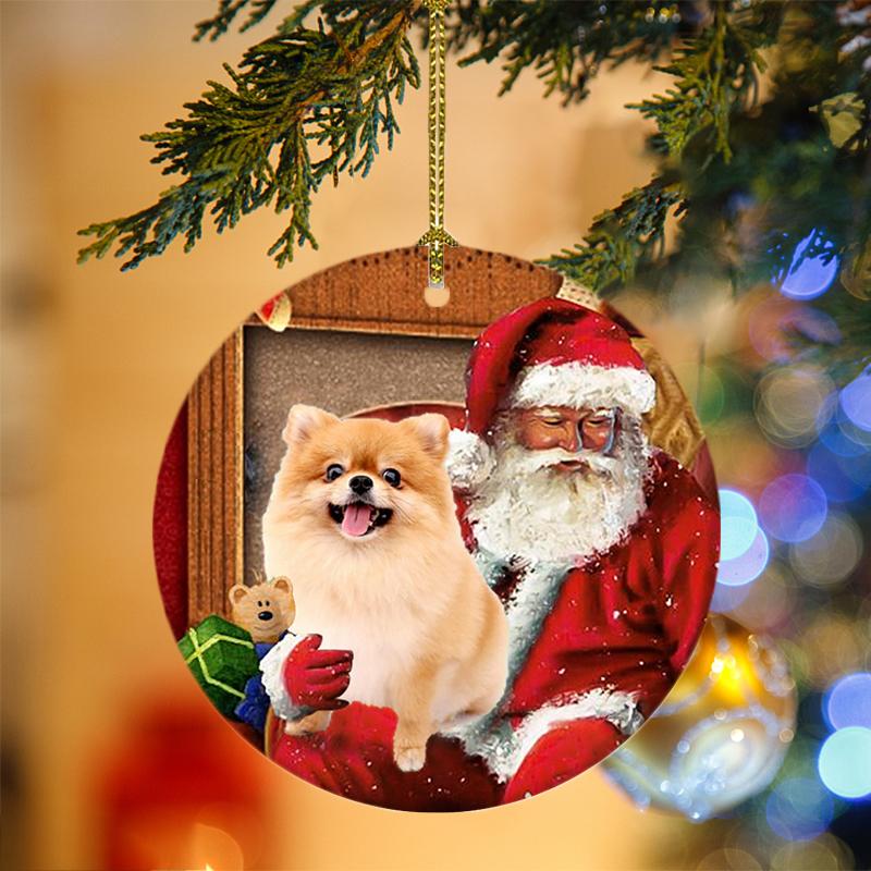 Godmerch- Ornament- Pomeranian With Santa Christmas Ornament, Happy Christmas Ornament, Car Ornament