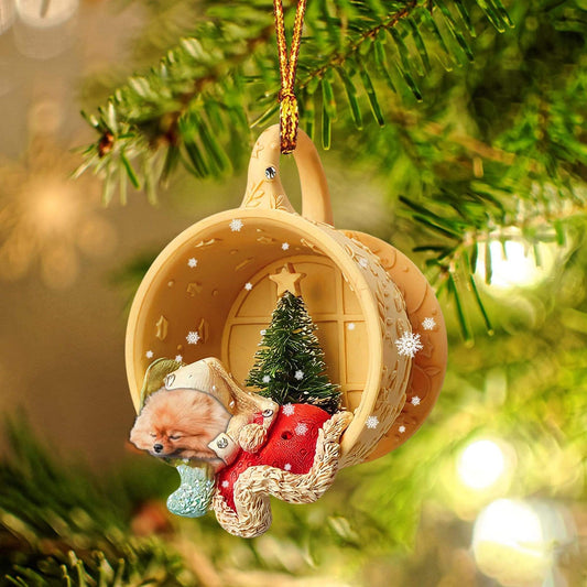 Godmerch- Ornament- Pomeranian Sleeping In A Cup Christmas Ornament Dog Ornament, Car Ornament, Christmas Ornament