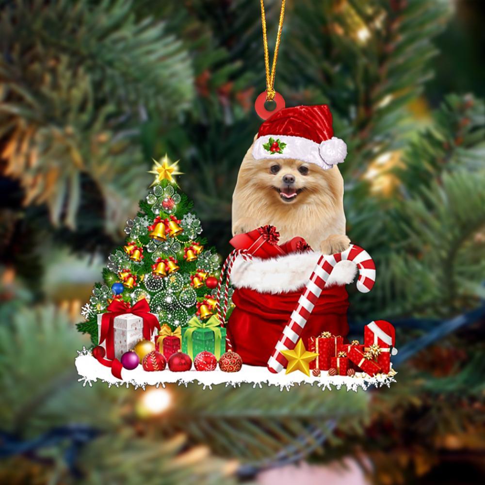 Godmerch- Ornament- Pomeranian Gift Bag Merry Christmas Ornament Dog Ornament, Car Ornament, Christmas Ornament