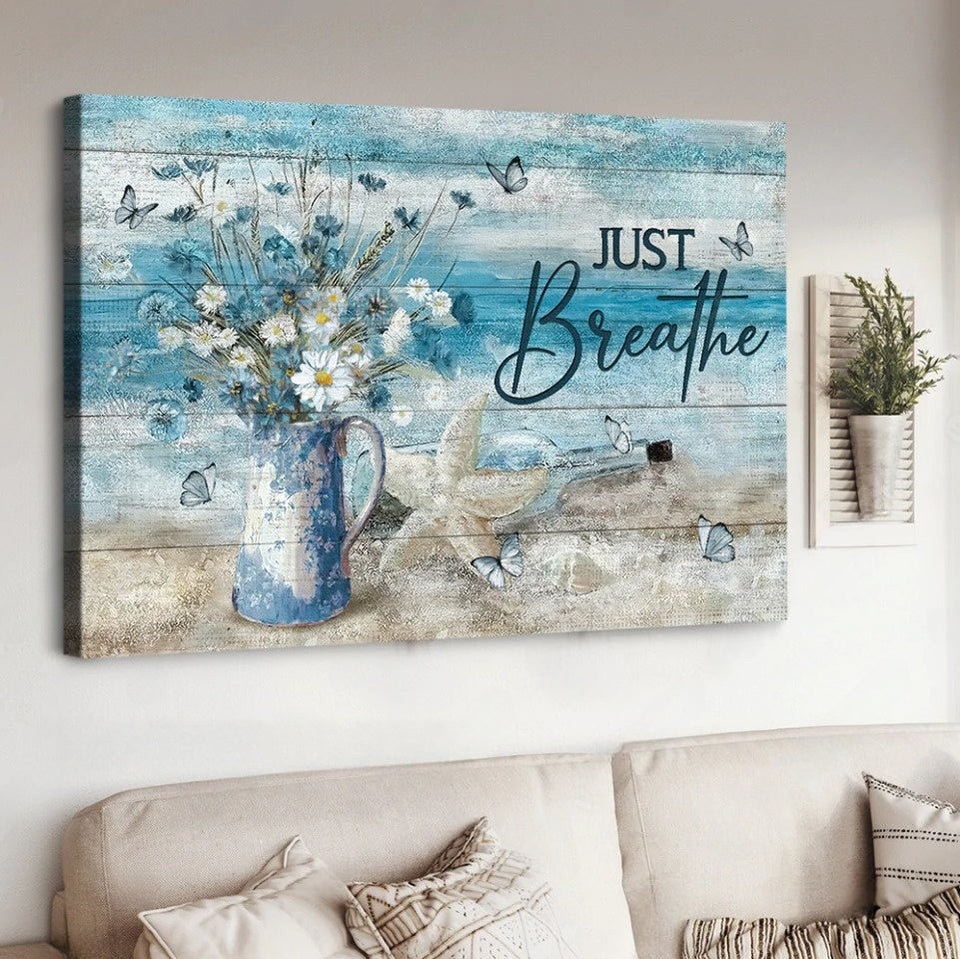 Pretty daisy vase Beach painting Starfish Just breathe - Matte Canvas