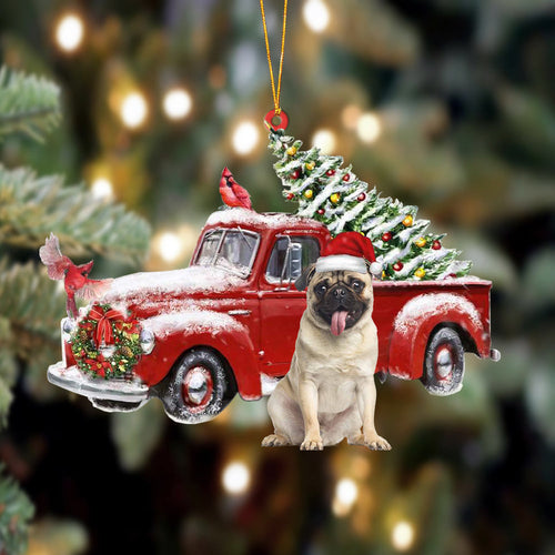 Godmerch- Ornament- Pug-Cardinal & Truck Two Sided Ornament, Happy Christmas Ornament, Car Ornament