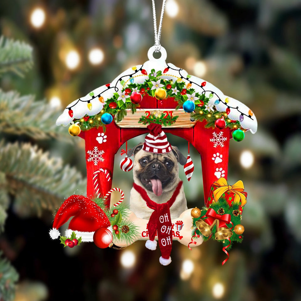 Godmerch- Ornament- Pug-Christmas House Two Sided Ornament, Happy Christmas Ornament, Car Ornament