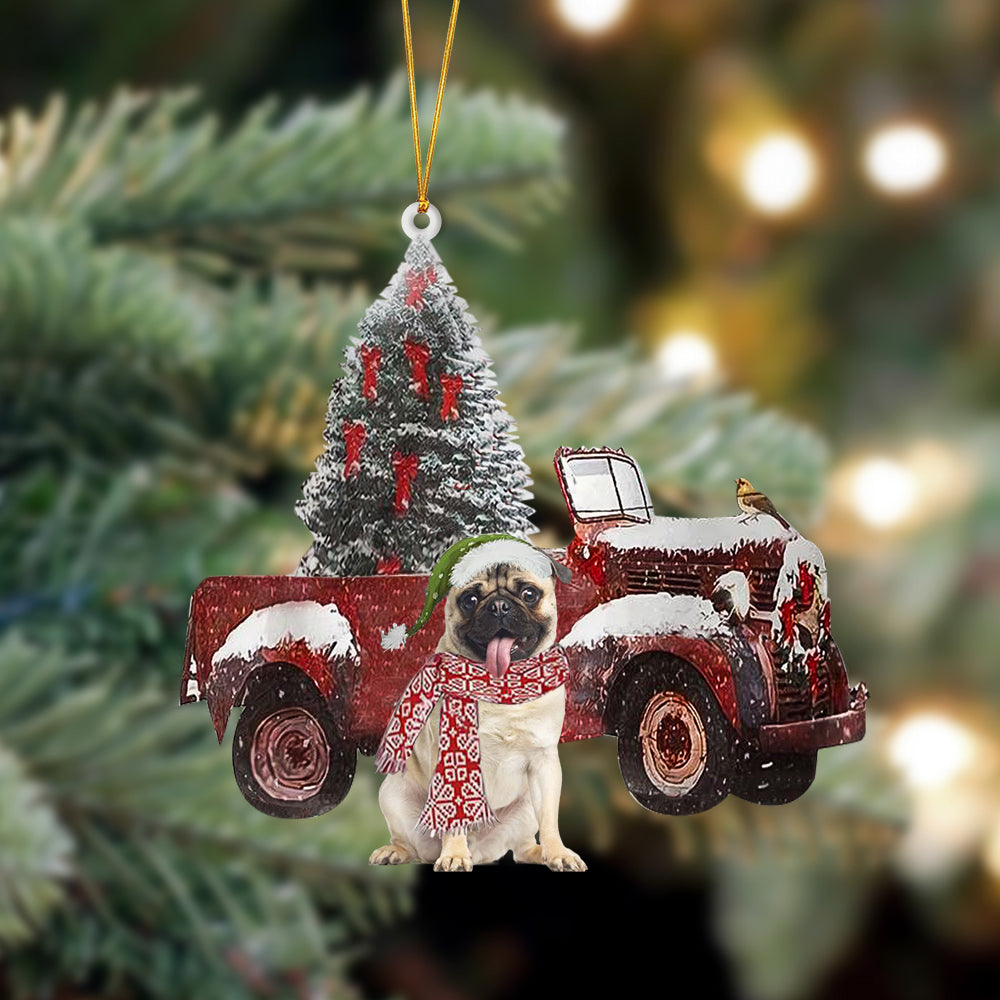 Godmerch- Ornament- Pug-Christmas Truck Two Sided Ornament, Happy Christmas Ornament, Car Ornament