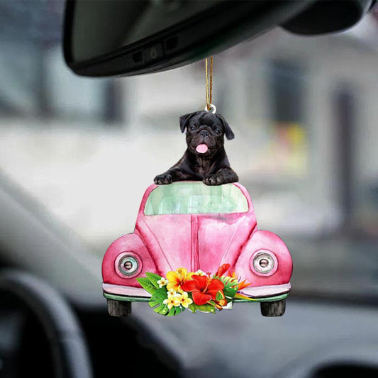 Pug-Pink Hippie Car-Two Sided Ornament
