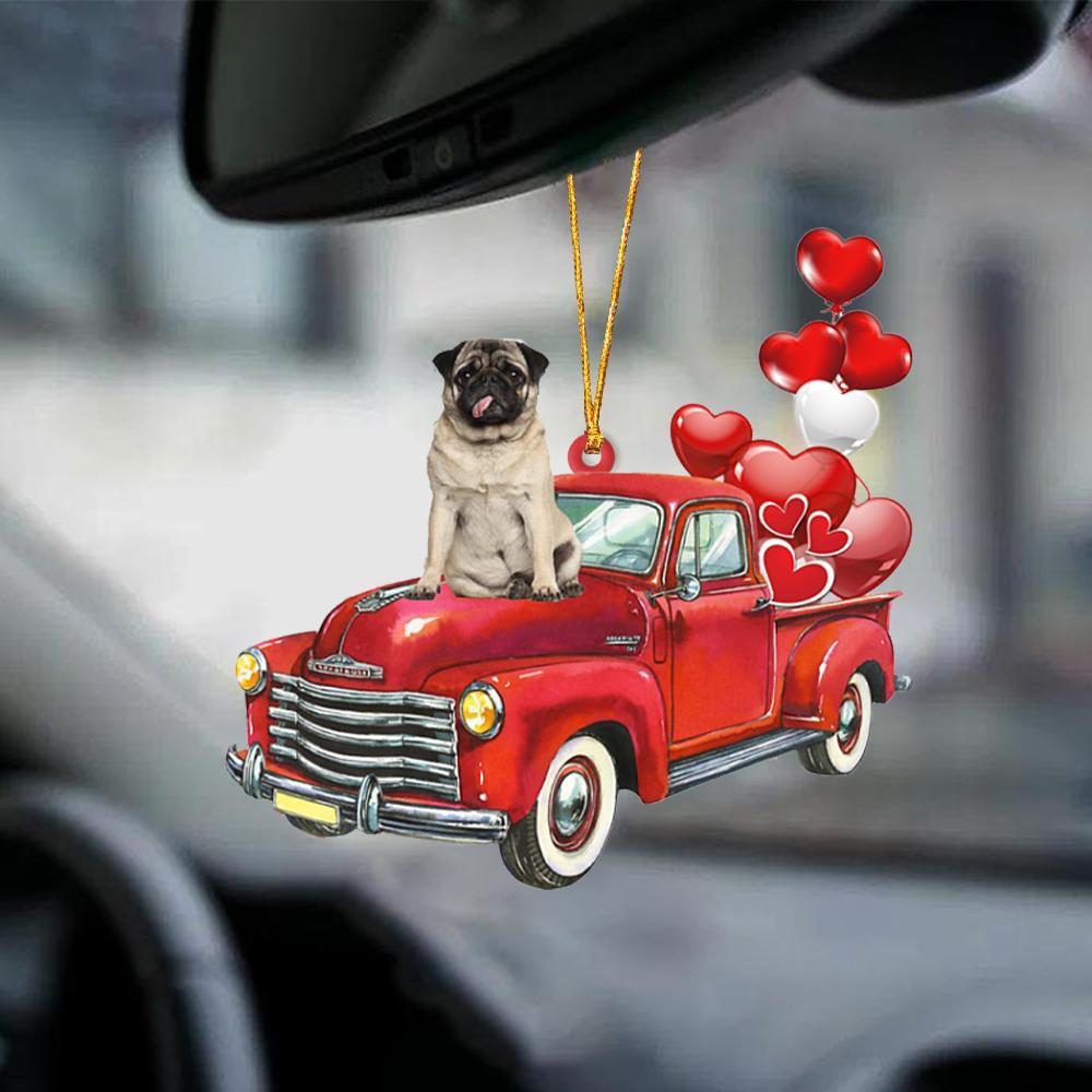 Pug-Red Sports Car-Two Sided Ornament