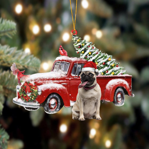 Godmerch- Ornament- Pug 1-Cardinal & Truck Two Sided Ornament, Happy Christmas Ornament, Car Ornament