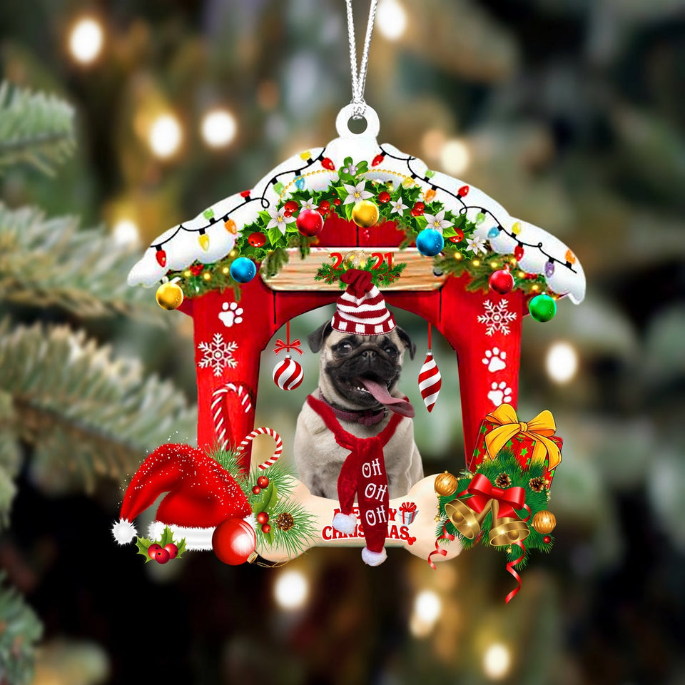 Godmerch- Ornament- Pug 1-Christmas House Two Sided Ornament, Happy Christmas Ornament, Car Ornament