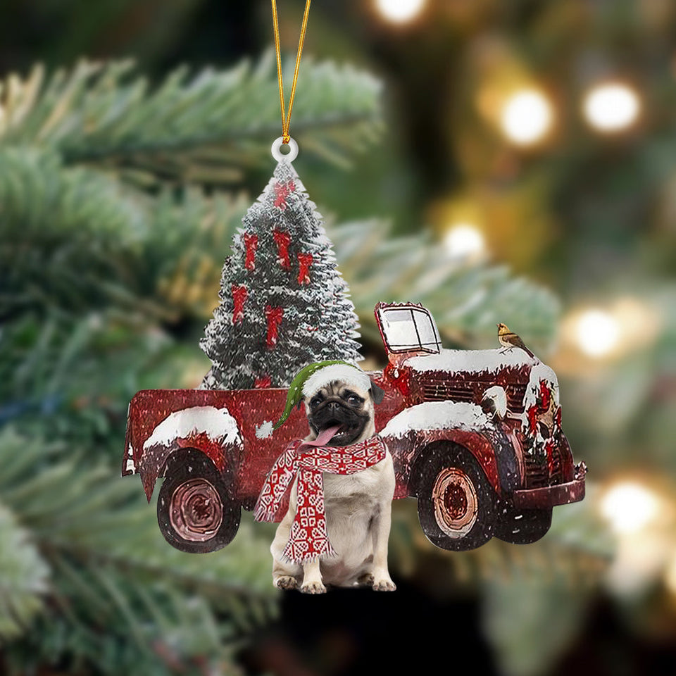 Godmerch- Ornament- Pug 1-Christmas Truck Two Sided Ornament, Happy Christmas Ornament, Car Ornament