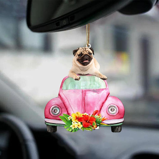 Pug 2-Pink Hippie Car-Two Sided Ornament