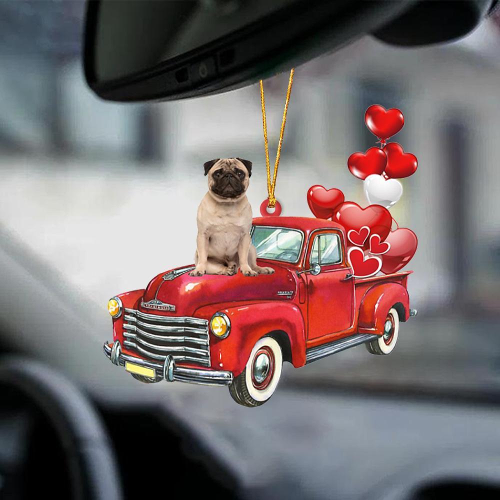 Pug 2-Red Sports Car-Two Sided Ornament