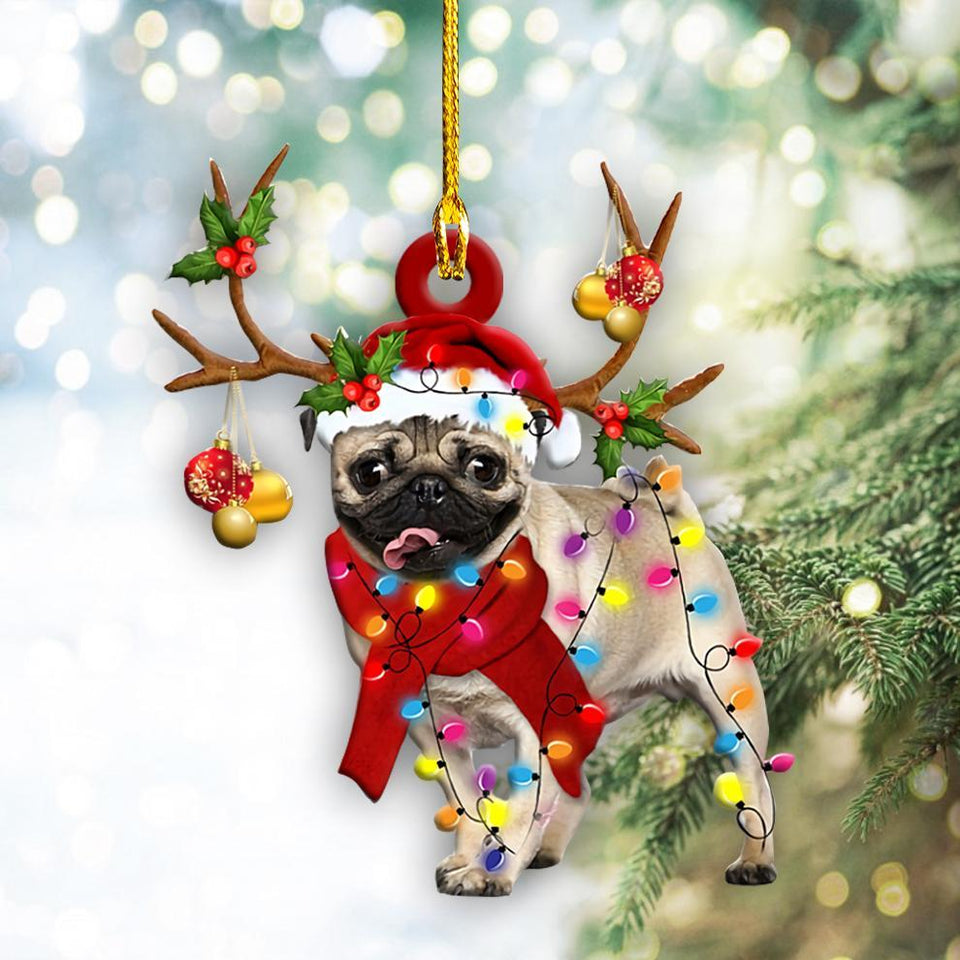 Godmerch- Ornament- Pug Christmas Shape Ornament, Happy Christmas Ornament, Car Ornament