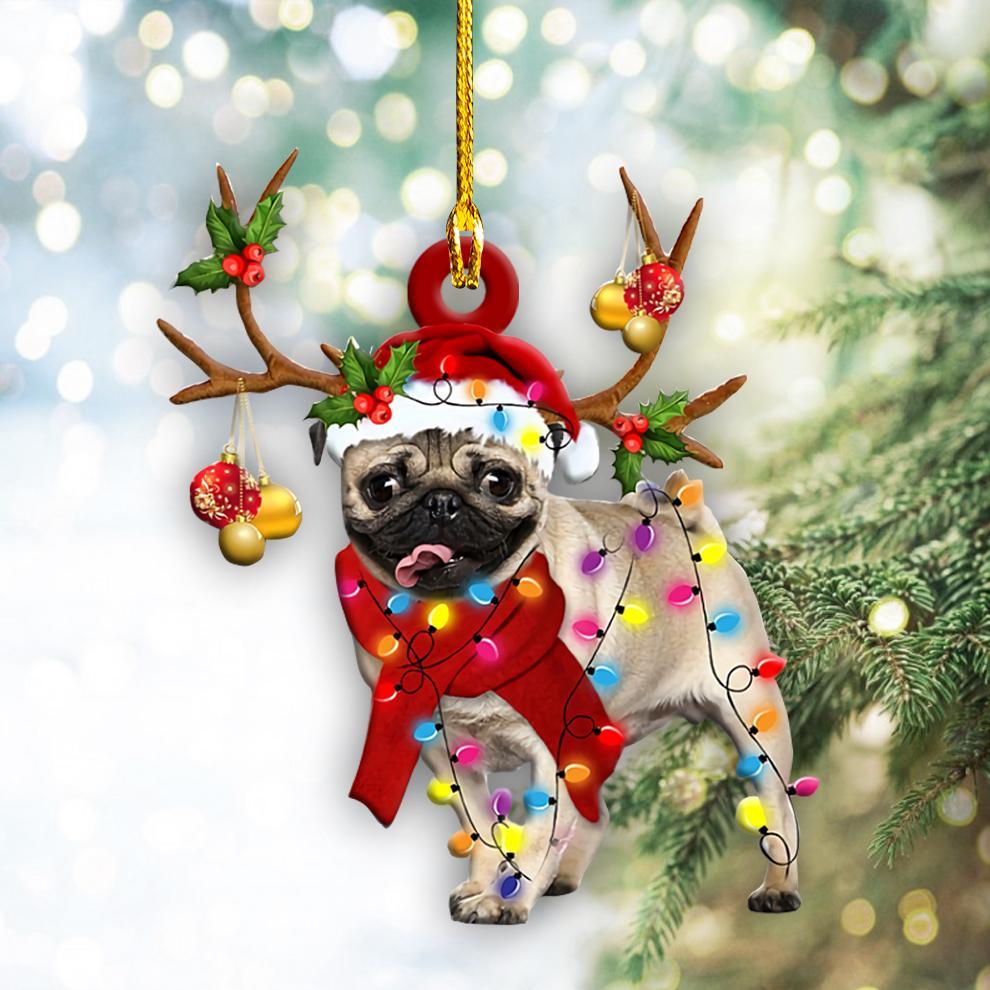 Godmerch- Ornament- Pug Christmas Shape Ornament, Happy Christmas Ornament, Car Ornament