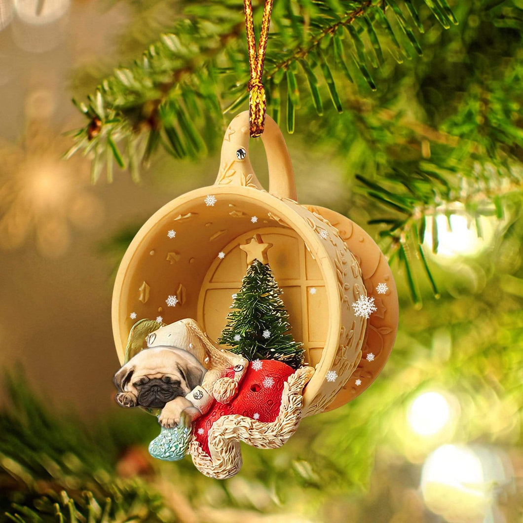 Godmerch- Ornament- Pug Sleeping In A Cup Christmas Ornament Dog Ornament, Car Ornament, Christmas Ornament